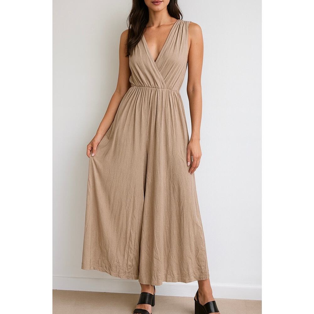 Final Touch Beige Sleeveless V-Neck Wrap Jumpsuit
